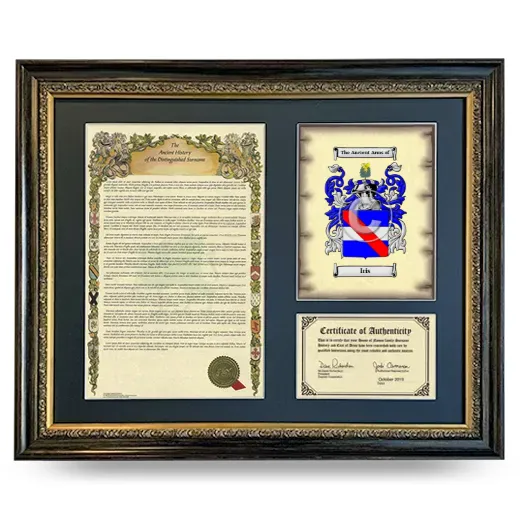 Iris Framed Surname History and Coat of Arms- Heirloom