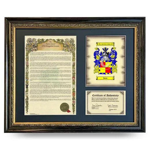 Jaen Framed Surname History and Coat of Arms- Heirloom