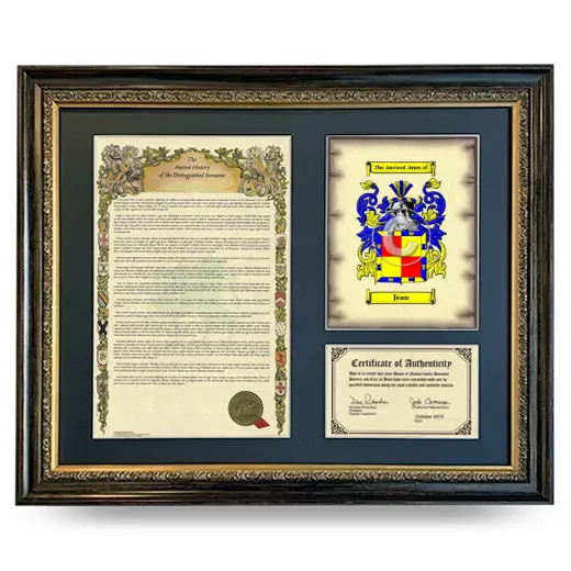 Jean Framed Surname History and Coat of Arms- Heirloom