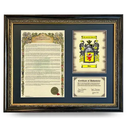 Klos Framed Surname History and Coat of Arms- Heirloom