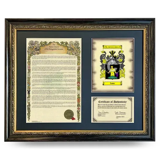 Laus Framed Surname History and Coat of Arms- Heirloom