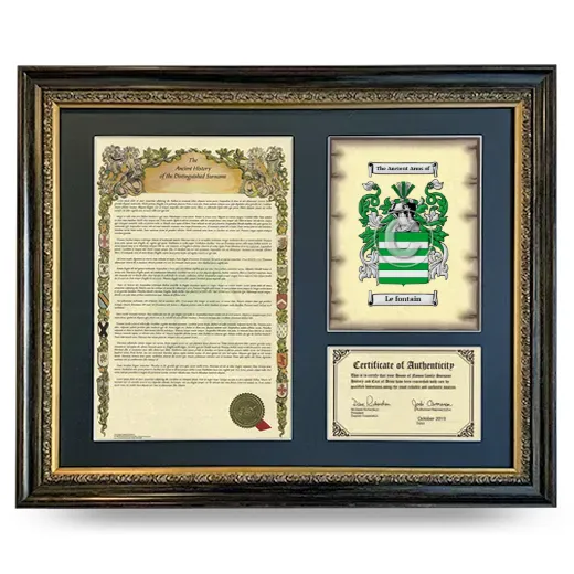 Le fontain Framed Surname History and Coat of Arms- Heirloom