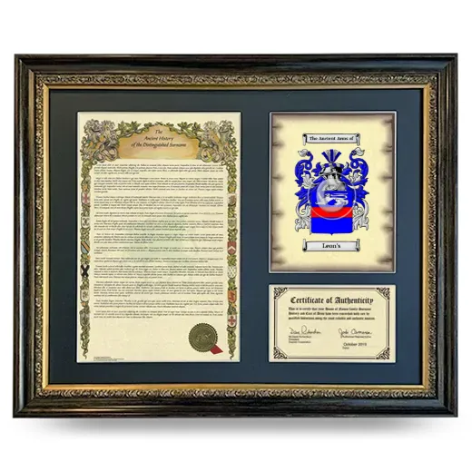 Leon's Framed Surname History and Coat of Arms- Heirloom