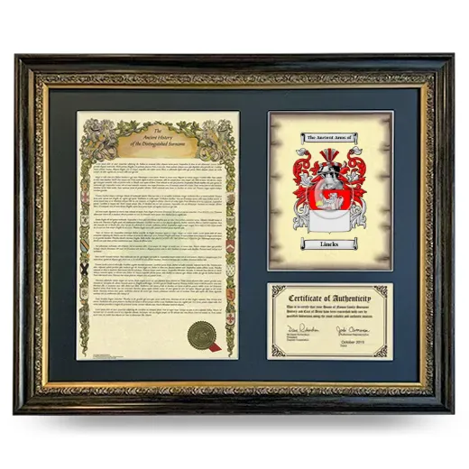 Lincks Framed Surname History and Coat of Arms- Heirloom