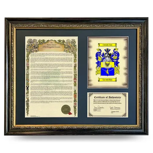 Lo vecchio Framed Surname History and Coat of Arms- Heirloom