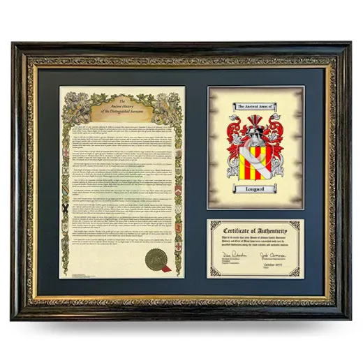 Longard Framed Surname History and Coat of Arms- Heirloom