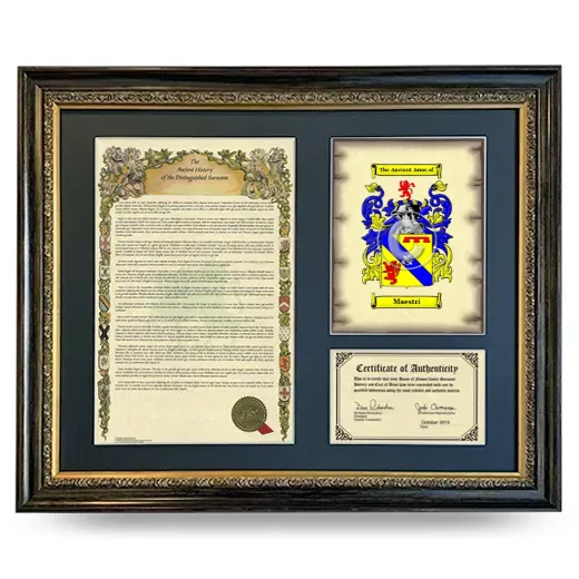 Maestri Framed Surname History and Coat of Arms- Heirloom