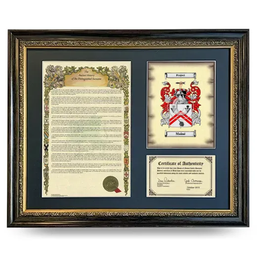 Mainé Framed Surname History and Coat of Arms- Heirloom