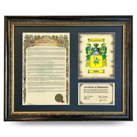 Maller Framed Surname History and Coat of Arms- Heirloom