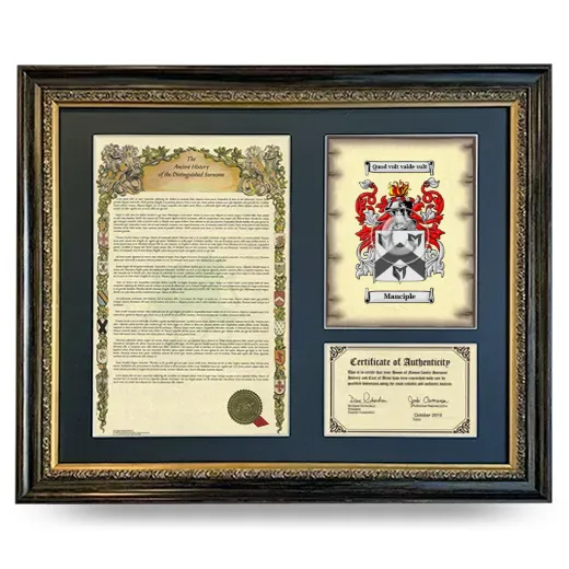 Manciple Framed Surname History and Coat of Arms- Heirloom