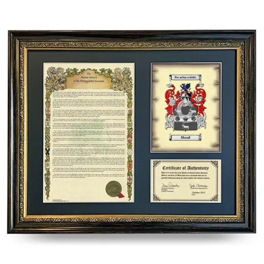 Mand Framed Surname History and Coat of Arms- Heirloom