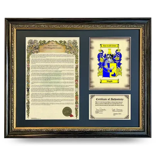 Maple Framed Surname History and Coat of Arms- Heirloom