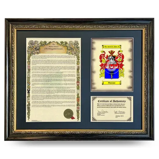 Massue Framed Surname History and Coat of Arms- Heirloom