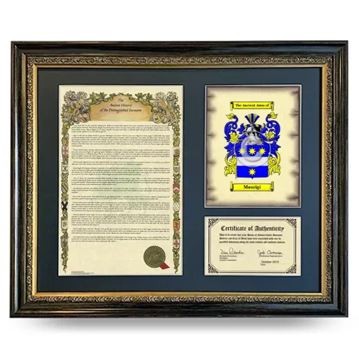 Maurigi Framed Surname History and Coat of Arms- Heirloom