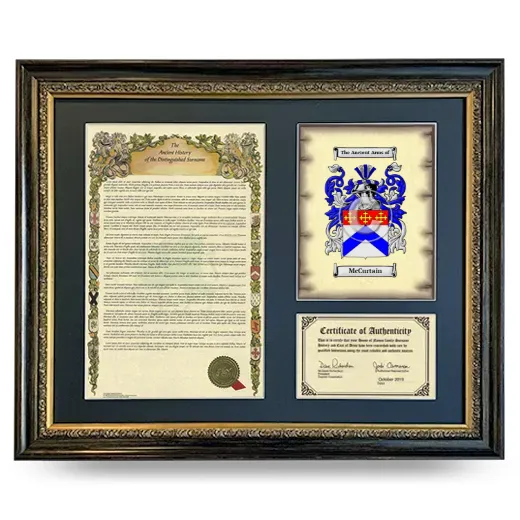 McCurtain Framed Surname History and Coat of Arms- Heirloom