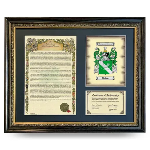 Mellan Framed Surname History and Coat of Arms- Heirloom