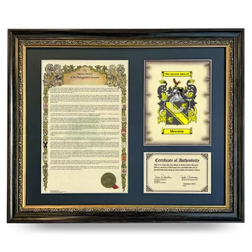 Mercator Framed Surname History and Coat of Arms- Heirloom