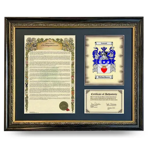 Michaelmass Framed Surname History and Coat of Arms- Heirloom