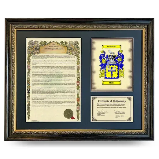 Mill's Framed Surname History and Coat of Arms- Heirloom