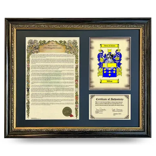 Milon Framed Surname History and Coat of Arms- Heirloom