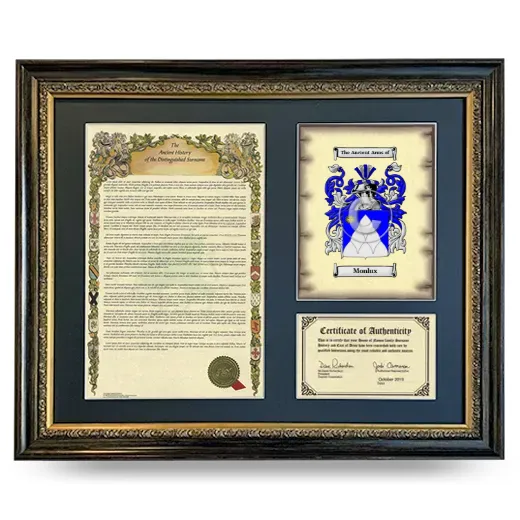 Monlux Framed Surname History and Coat of Arms- Heirloom