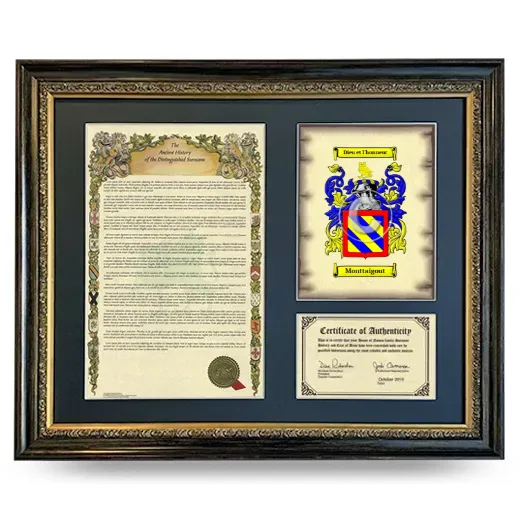 Monttaigout Framed Surname History and Coat of Arms- Heirloom