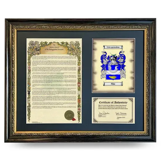 Nim Framed Surname History and Coat of Arms- Heirloom