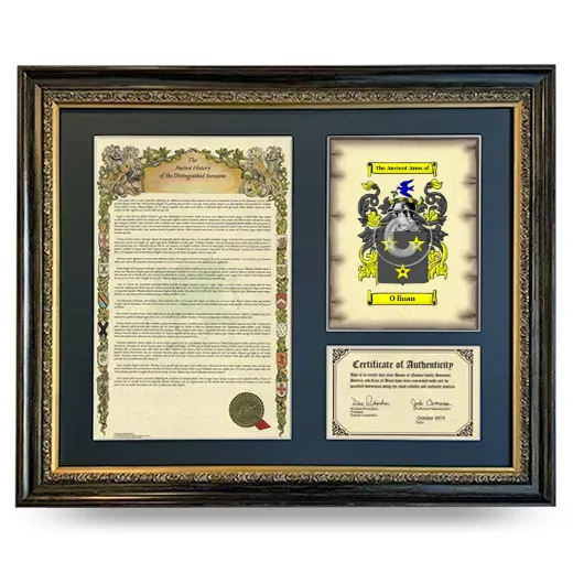 O finan Framed Surname History and Coat of Arms- Heirloom