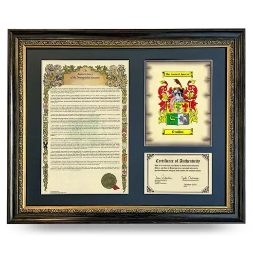 O solan Framed Surname History and Coat of Arms- Heirloom