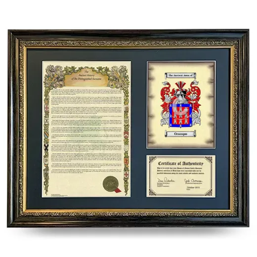 Ocampo Framed Surname History and Coat of Arms- Heirloom