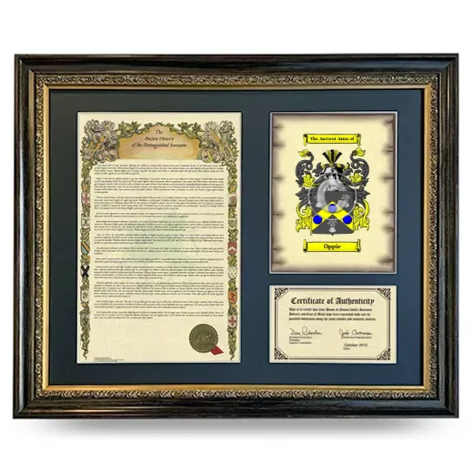 Oppie Framed Surname History and Coat of Arms- Heirloom