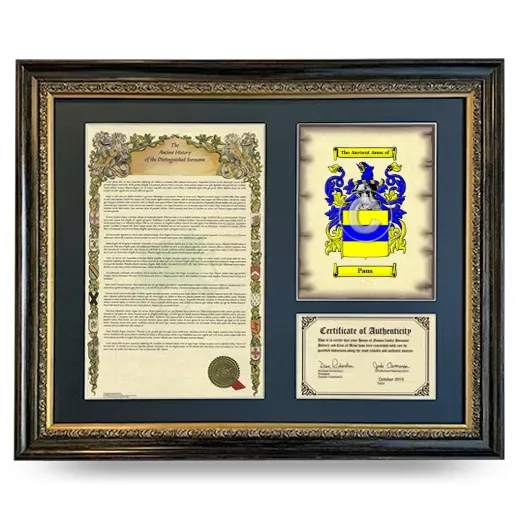 Paus Framed Surname History and Coat of Arms- Heirloom