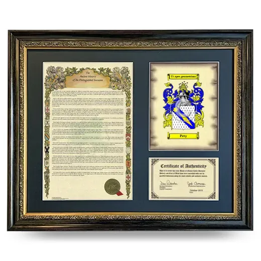 Pety Framed Surname History and Coat of Arms- Heirloom