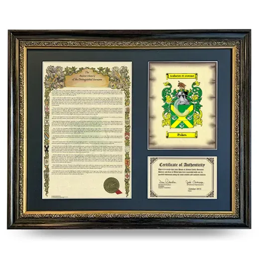 Pokes Framed Surname History and Coat of Arms- Heirloom