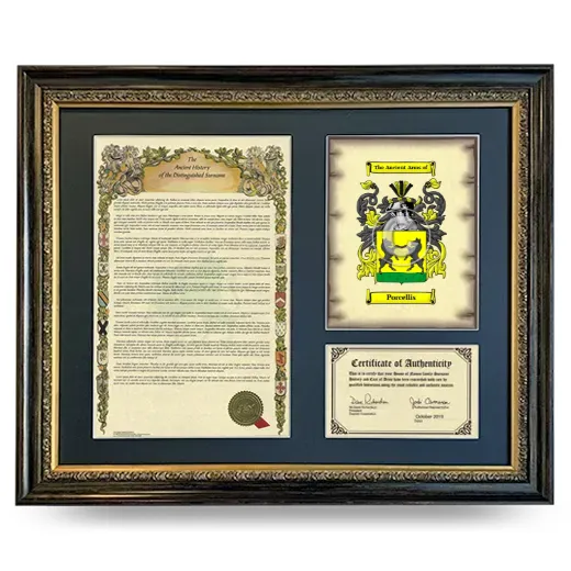 Porcellis Framed Surname History and Coat of Arms- Heirloom