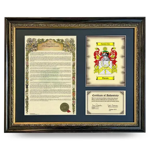 Porsen Framed Surname History and Coat of Arms- Heirloom