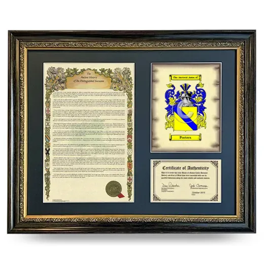 Porters Framed Surname History and Coat of Arms- Heirloom