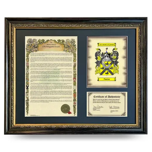 Purtee Framed Surname History and Coat of Arms- Heirloom