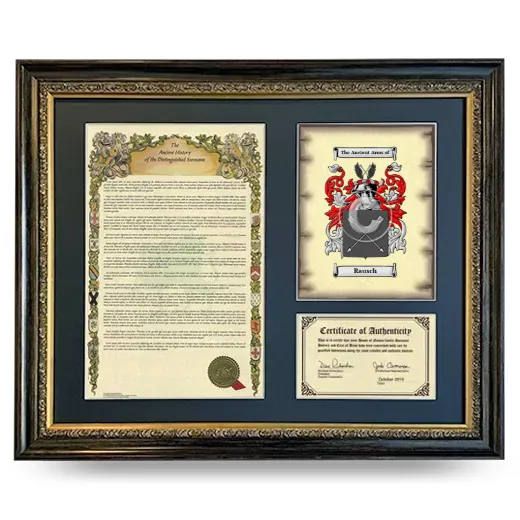 Rausch Framed Surname History and Coat of Arms- Heirloom