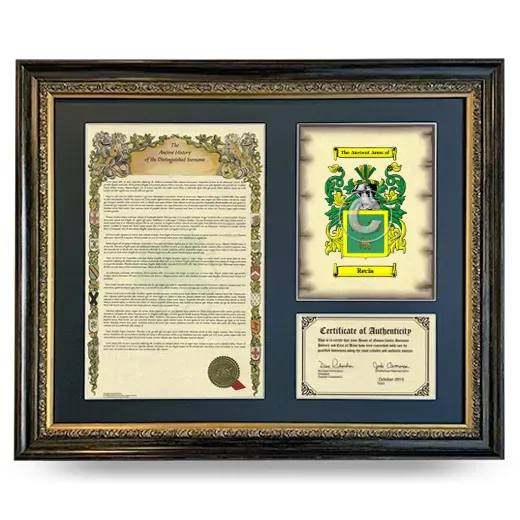 Recia Framed Surname History and Coat of Arms- Heirloom