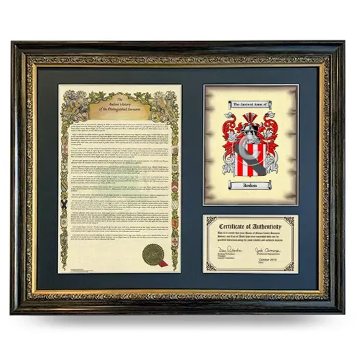 Redon Framed Surname History and Coat of Arms- Heirloom