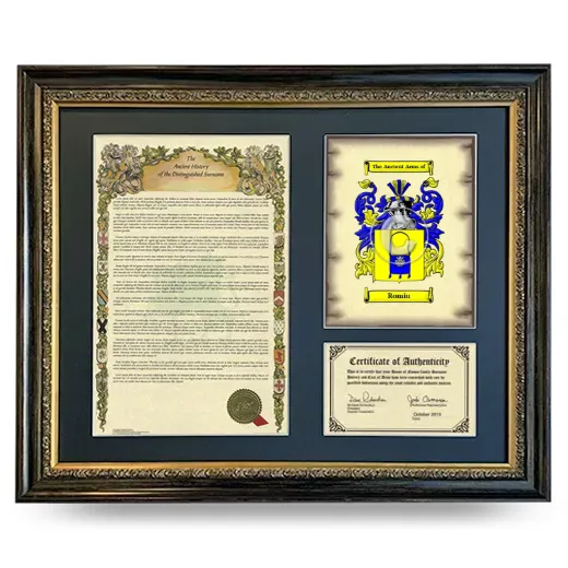 Romiu Framed Surname History and Coat of Arms- Heirloom
