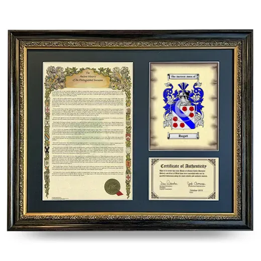 Ruget Framed Surname History and Coat of Arms- Heirloom