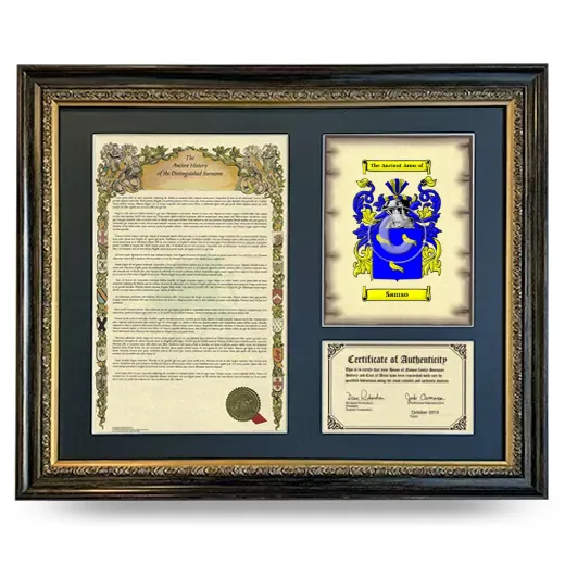 Samso Framed Surname History and Coat of Arms- Heirloom