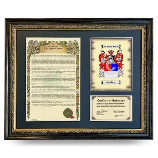 Sandburg Framed Surname History and Coat of Arms- Heirloom