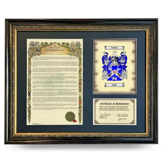 Sane Framed Surname History and Coat of Arms- Heirloom