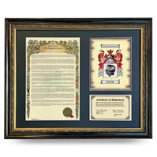 Saracini Framed Surname History and Coat of Arms- Heirloom