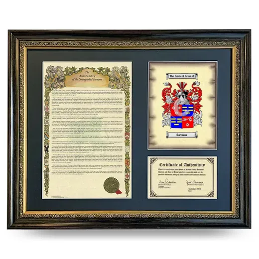 Savour Framed Surname History and Coat of Arms- Heirloom