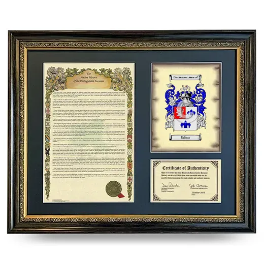 Schur Framed Surname History and Coat of Arms- Heirloom