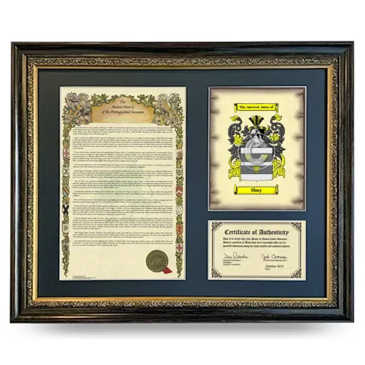 Shuy Framed Surname History and Coat of Arms- Heirloom